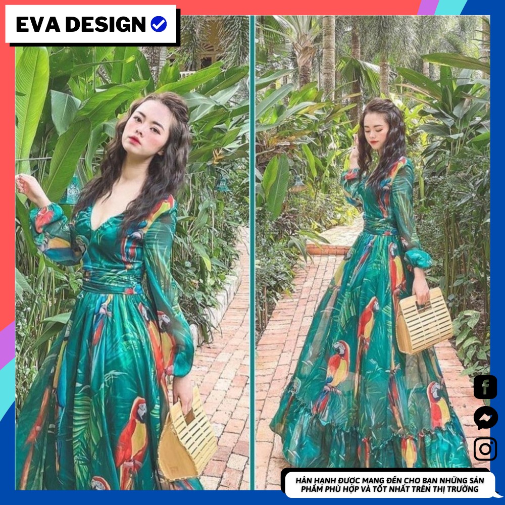 Đầm maxi váy nữ cố V vải tơ hoạ tiết sang chảnh siêu xinh phù hợp mặc đi chơi du lịch biển resort tiệc ngoài trời