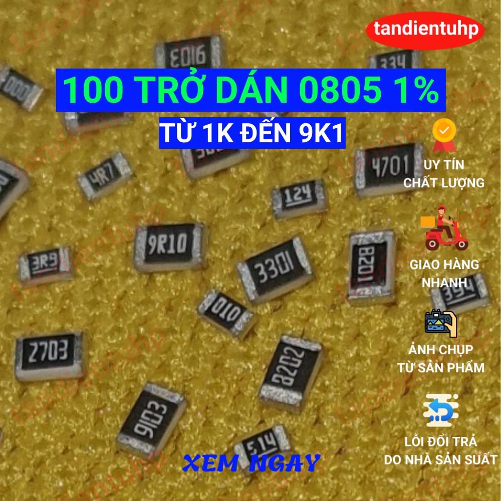 Trở dán 0805 1% từ 1K đến 9K1 mỗi loại 100 chiếc (25 Con một dây x 4 dây)