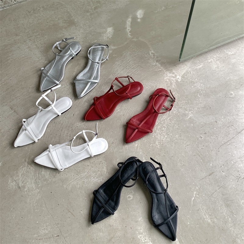 Giày sandal mũi nhọn quyến rũ đế bằng phối dây mỏng kèm khóa phong cách La Mã Hàn Quốc thời trang dành cho nữ