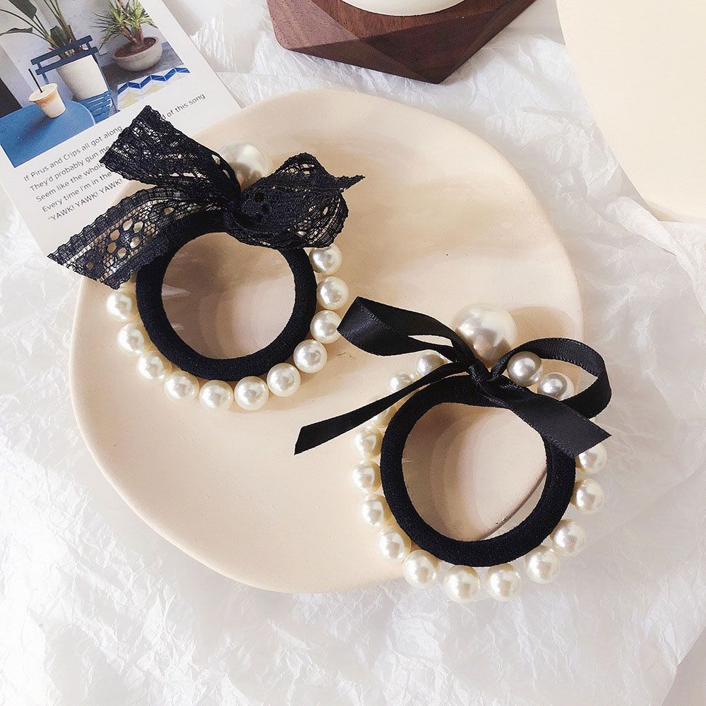 Dây Cột Tóc Ruy Băng Thắt Nơ Phối Ren Đính Ngọc Trai Nhân Tạo Phong Cách Hàn Quốc Cho Nữ