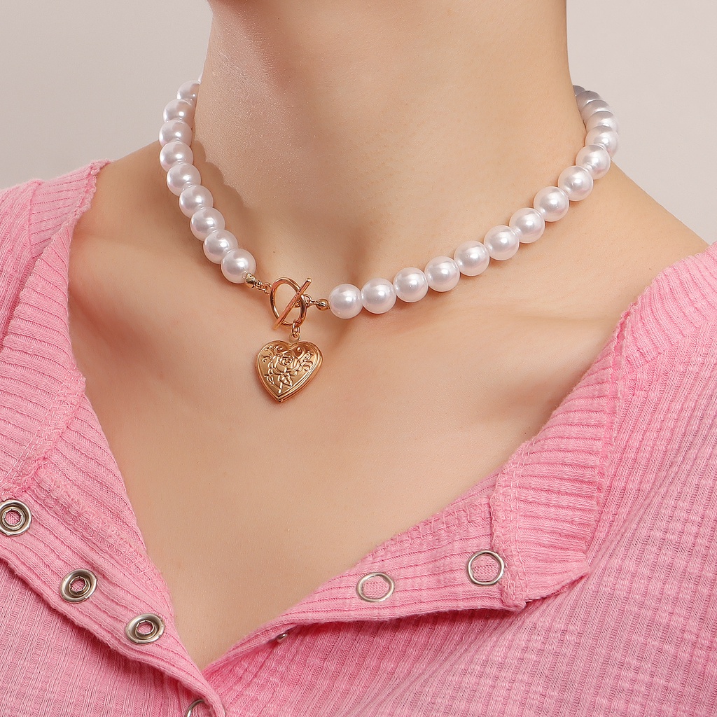 (0740) Vòng Cổ Choker Ngọc To Khoá Tim Nổi Bật