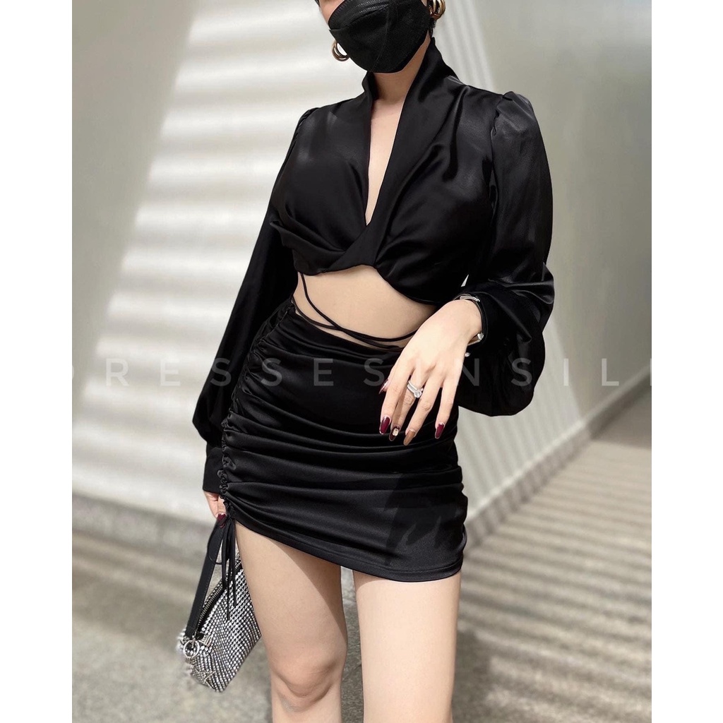SET ÁO SƠ MI XOĂN NGỰC + CHÂN VÁY RÚT DÂY 2 BÊN ĐEN