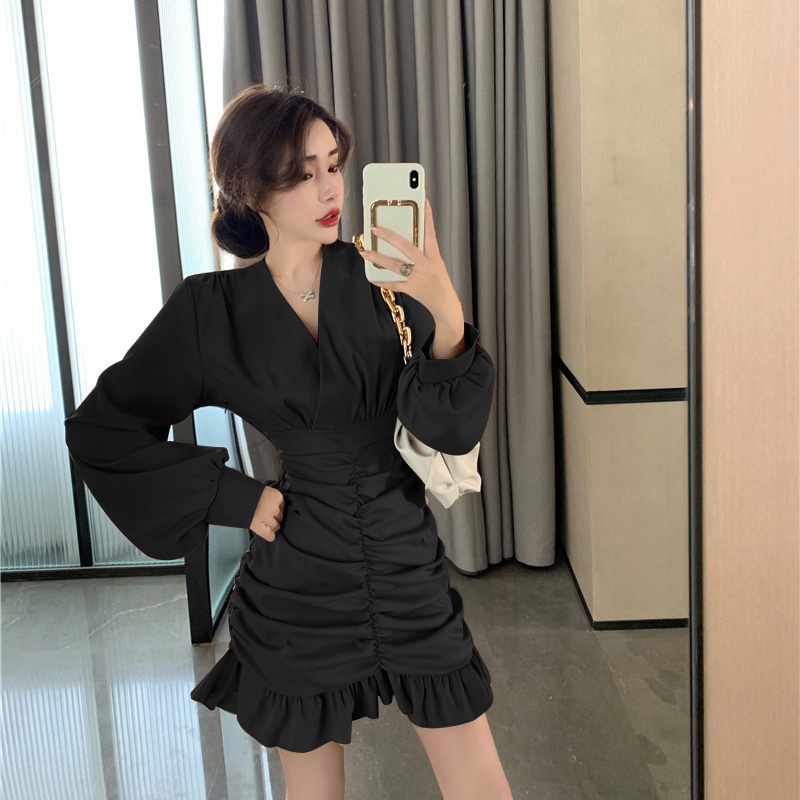 Đầm Dài Qua Gối Cổ Chữ V Màu Đen Phong Cách Hàn Quốc Dành Cho Nữ
