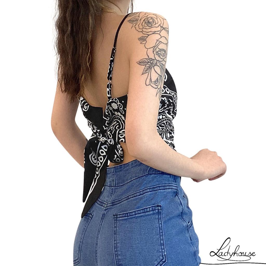 Áo Hai Dây Cổ Thuyền Hở Lưng In Họa Tiết Vintage Gợi Cảm Cho Nữ