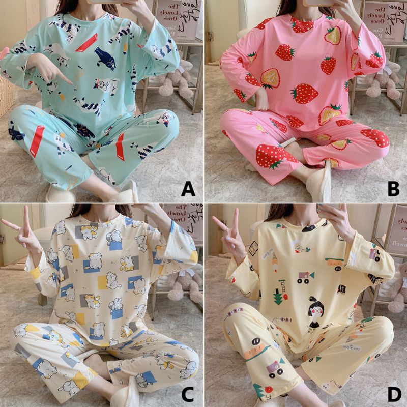 Ladies Casual Loose Cute Cotton Cartoon Print Long Sleeve 2-Piece Set