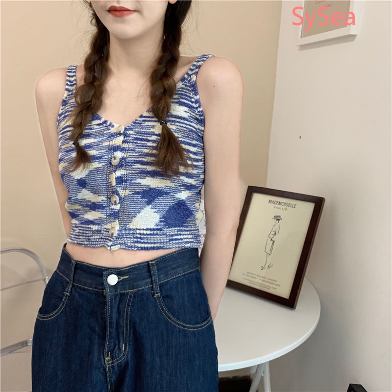 Áo Croptop Dệt Kim Sát Nách Màu Cầu Vồng Thời Trang Mùa Hè Cho Nữ