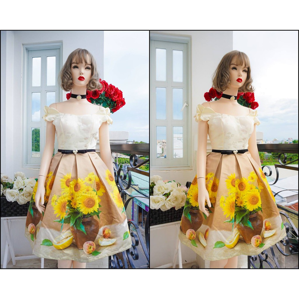 Đầm gấm xòe in 3D hoa cúc (kèm video và hình chụp thật)