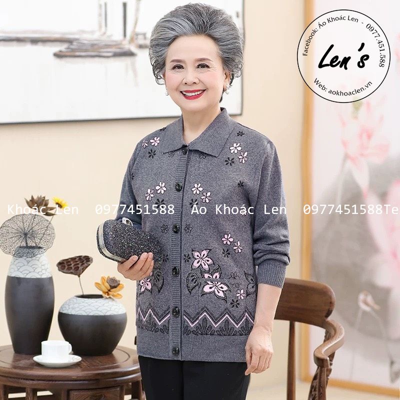 Áo Khoác Len Trung Niên Cổ Bẻ Hoa Cánh Nhọn Áo Khoác Cho Bà Cho Mẹ Áo Mùa ĐôngTặng Bà
