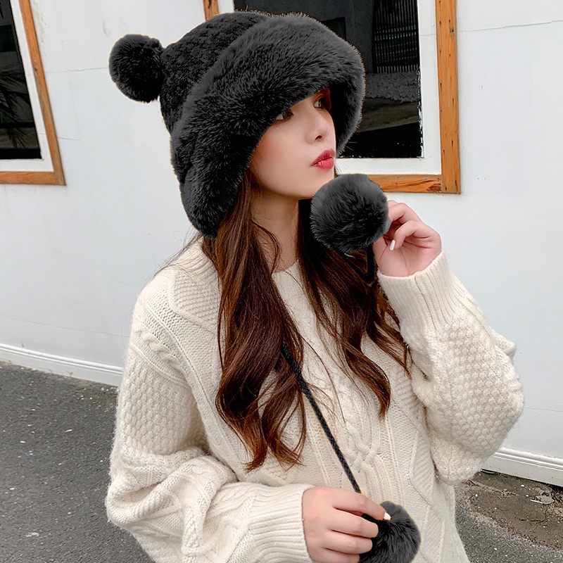 Mũ lông mix Len Dày Dặn Giữ Ấm Tai Đính Quả Bông Mickey Dễ Thương Thời Trang Thu Đông Nhật Bản
