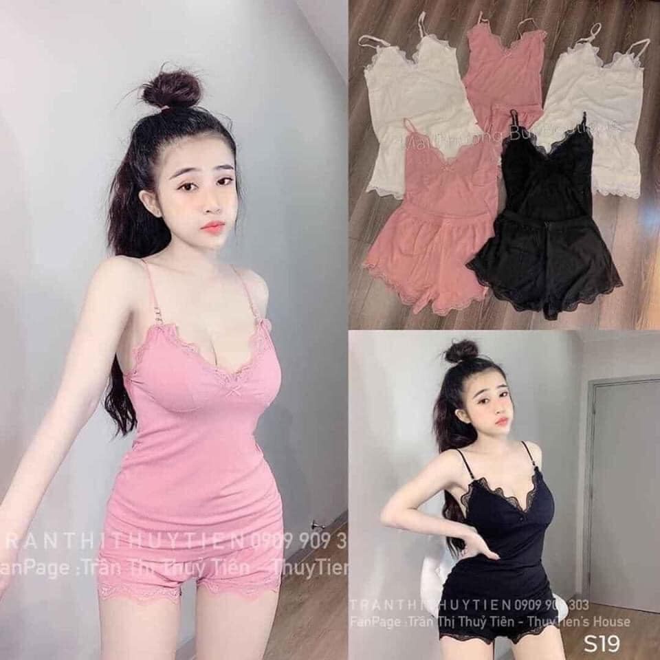 FREESHIP Bộ ngủ 2 dây chất thun tăm phối ren siêu co zãn cực đẹp siêu mát-giadungsieure