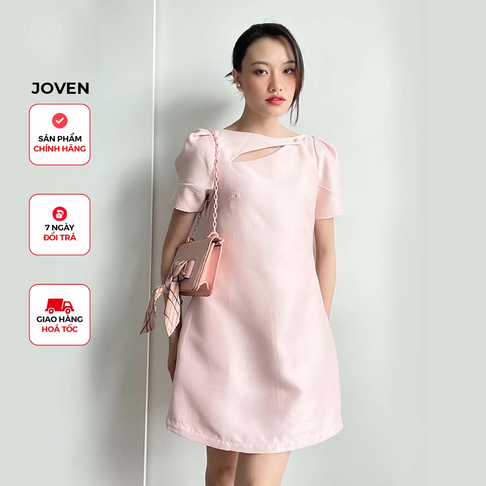 JOVEN - Đầm suông tafta xẻ cổ hồng