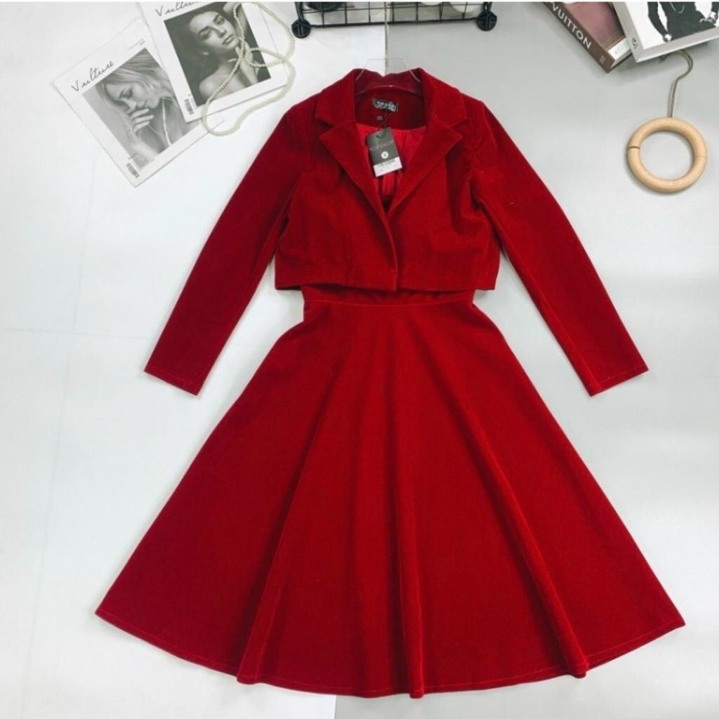 Sét đầm nữ 2 dây dáng xòe kèm áo khoác vest ngoài (có phụ kiện) sang trọng, quý phái thời trang nữ cho quý cô dự tiệc