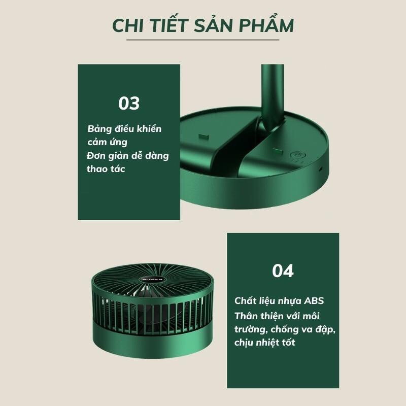 Quạt Tích Điện Mini gấp gọn - Quạt Mini Để Bàn Xoay 180 Độ, 3 Tốc Độ Gió, Pin Sạc USB Ở Bàn,Ô tô, Treo tường