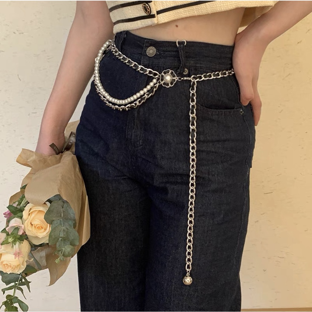 Dây đai thắt lưng quần phối chuỗi ngọc phù hợp với nhiều outfit Dây thắt eo nữ Yams Closet