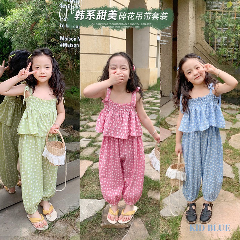 Bộ Áo Hai Dây In Hoa + Quần Dài Chống Muỗi Dễ Thương Thời Trang Mùa Hè Cho Bé Gái