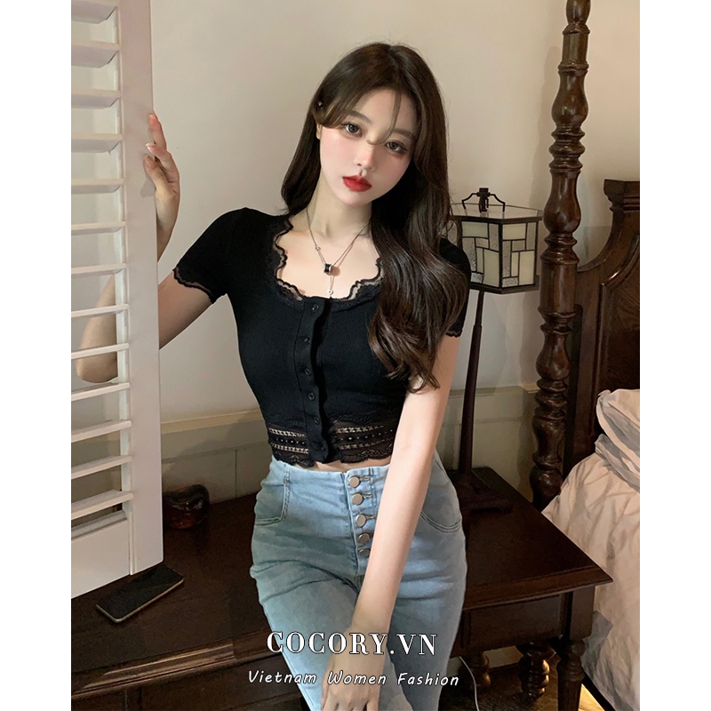 Cocory vn Áo croptop tay ngắn dáng ôm phối ren hoa thời trang quyến rũ cho nữ