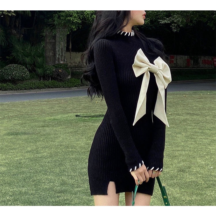 COZOK Đầm Dệt Kim Tay Dài Dáng Ôm Phối Nơ Xẻ Tà Xinh Xắn Cho Nữ