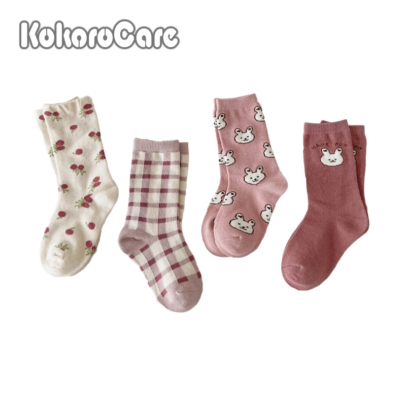 Set 4 đôi tất cotton KOKOROCARE MSW-36 họa tiết hoạt hình dễ thương cỡ S-XL cho bé gái 1-12 tuổi