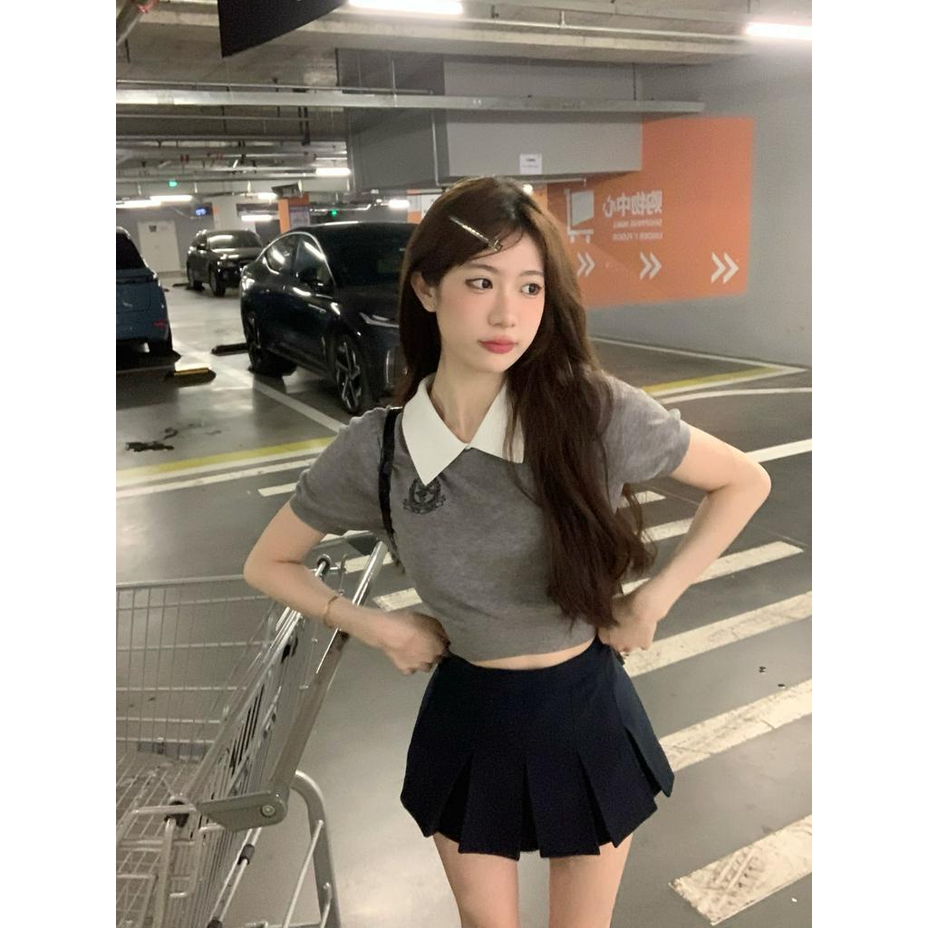 Áo Thun Dệt Kim Mỏng Cổ Mép Lật Ngắn Tay Thời Trang Mùa Hè Dành Cho Nữ 6347