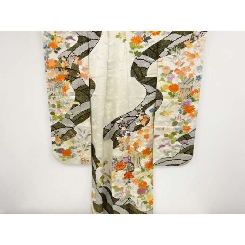 Antique Furisode Kimono Nhật Bản - Bridge and flowers embroidery - Hoa văn phong cảnh