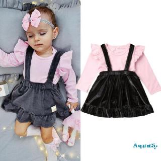 Set áo thun cotton dài tay nhún bèo màu hồng + chân váy yếm nhung thời trang mùa thu xinh xắn dành cho bé gái 1-5T