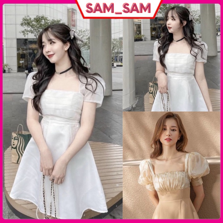 Váy dáng dài tay bồng  - Váy cổ vuông xếp ly bèo ngực dáng Babydoll nhẹ nhàng dễ thương để dự tiệc sam_sam_shop_1011