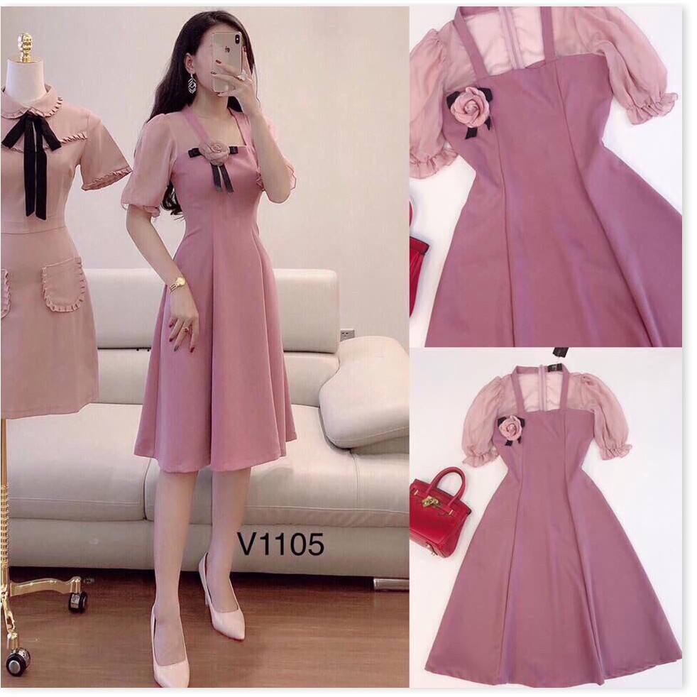 Đầm xòe tiểu thư phối voan kèm bông / có size XXL HP