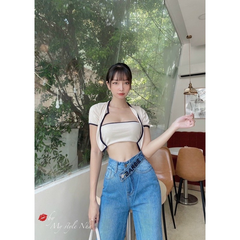 Quần jean ống suông lưng kiểu thêu chữ nổi