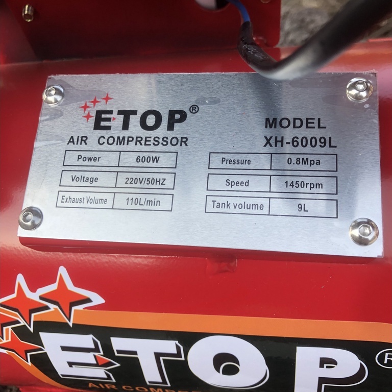 Máy nén khí không dầu 9l,máy bơm hơi etop chuẩn lõi đồng tự nạp ngắt không ồn