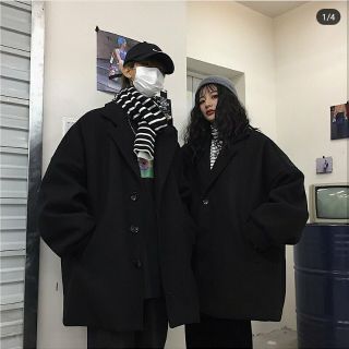 Áo khoác dạ unisex màu đen dáng dài đồ đôi đồ team