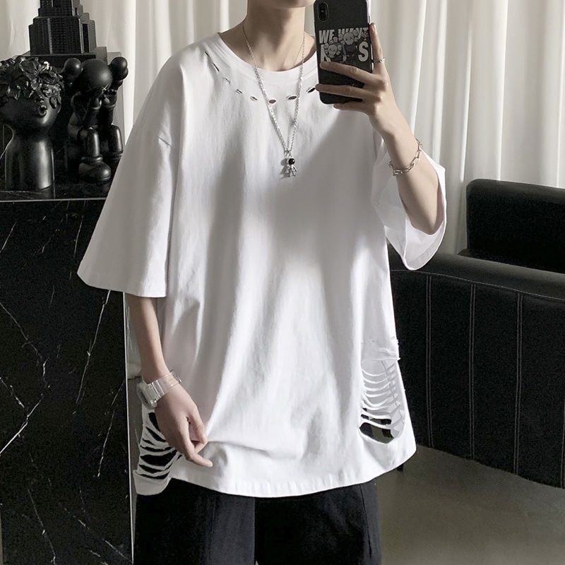 AMOI Áo Thun Ngắn Tay Dáng Rộng Phối Rách Thời Trang Hip Hop Hàn Quốc Dành Cho Nam