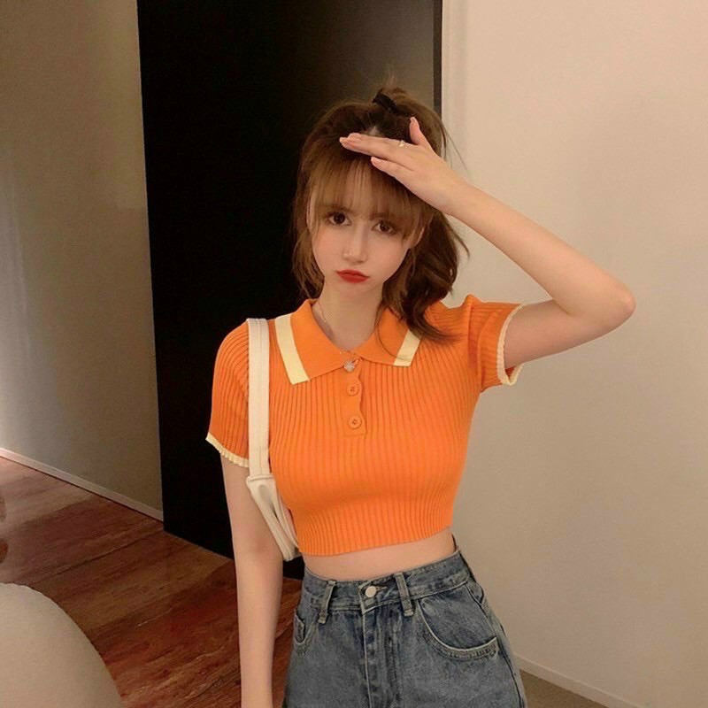 Áo len gân Quảng Châu croptop cổ polo - HÀNG QUẢNG CHÂU có sẵn - T5C