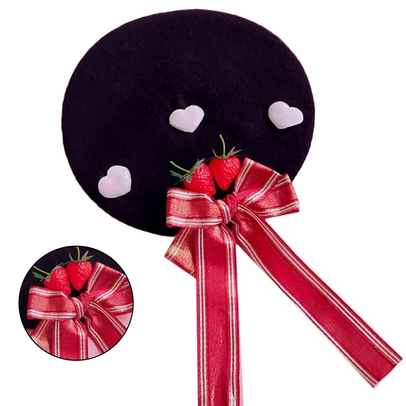 Mũ Beret Họa Tiết Dâu Tây Thắt Nơ Xinh Xắn Thời Trang