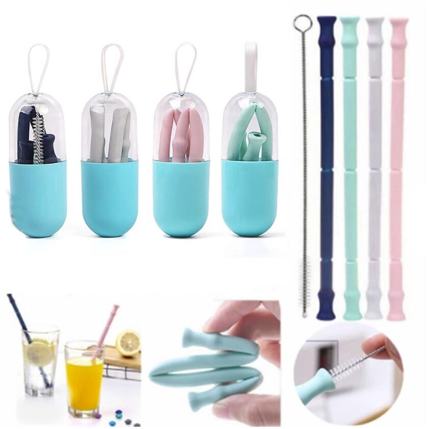 Bộ Ống Hút Silicone Cấp Thực Phẩm Có Thể Gấp Gọn Và Tái Sử Dụng Kèm Phụ Kiện