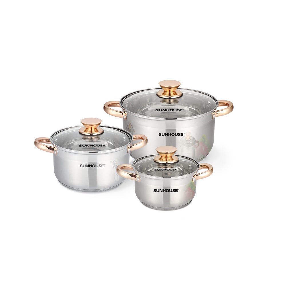 Bộ nồi Inox bếp từ SUNHOUSE 5 Đáy SH781 gom 16, 20, 24 cm vung kính cao cấp