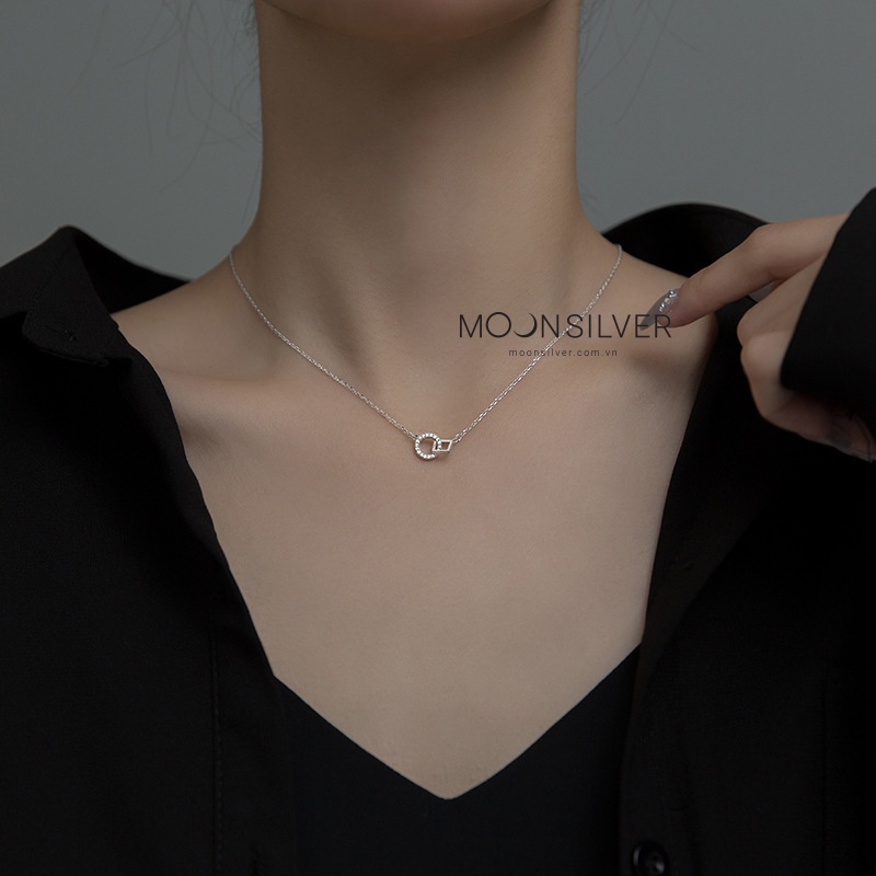 Dây chuyền bạc nữ Moonsilver, vòng cổ bạc s925 hình vuông và hình tròn lồng nhau basic