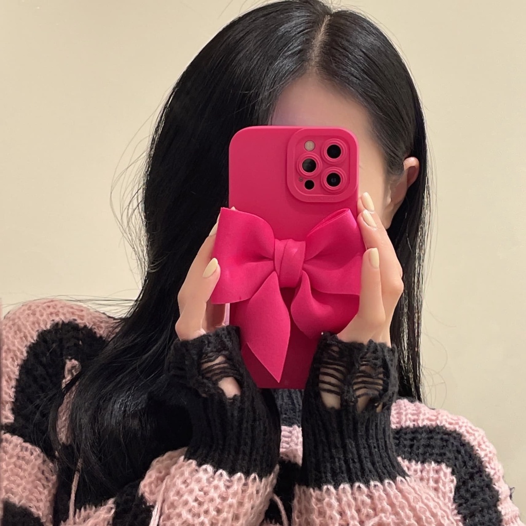 Ốp Điện Thoại Màu Hồng Và Bạc Thiết Kế Nơ To 3D Chống Sốc Cho iPhone 14 / 13 / 12 / 11 / X / 8 / 7P