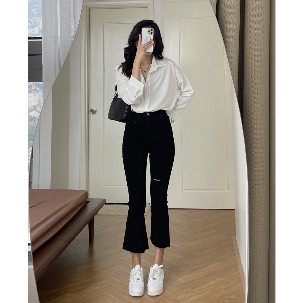 (ảnh thật) Audrey Quần jeans loe rách gối 1317