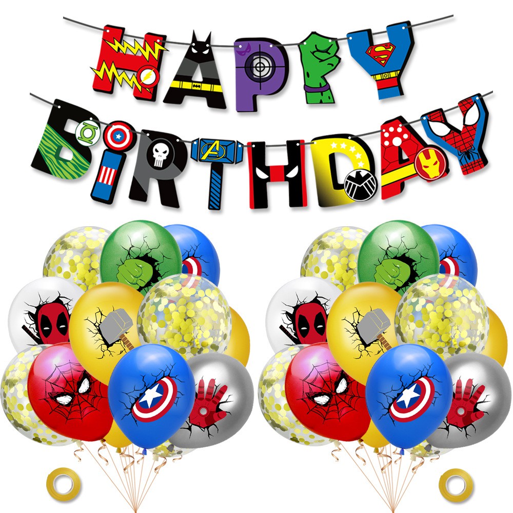 Set bong bóng + set phụ kiện trang trí tiệc sinh nhật hình siêu anh hùng Marvel Avengers mới