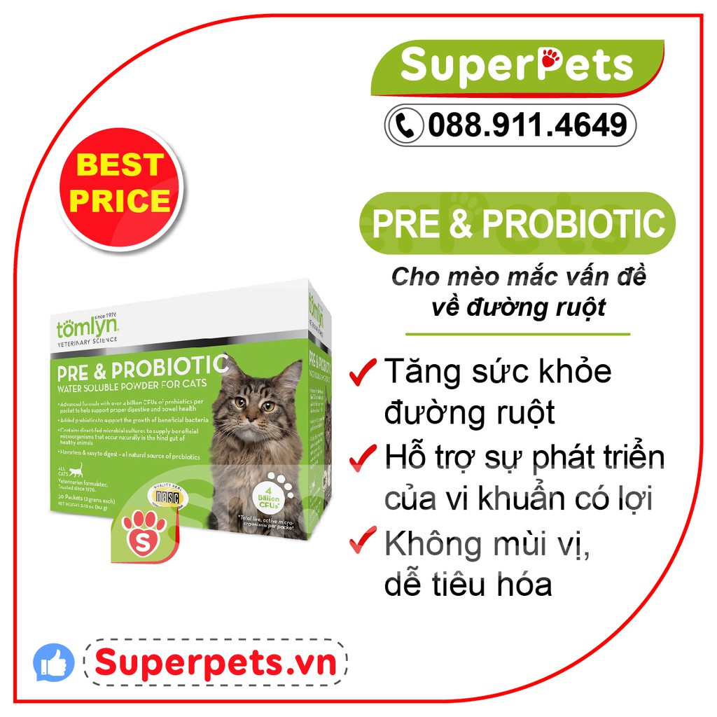 TĂNG PROBIOTIC CHO MÈO Nhập Khẩu USA -Tomlyn Pre & Probiotic Water Soluble Powder Cat Supplement