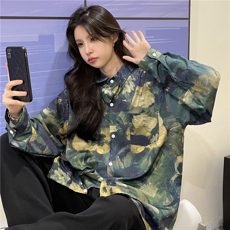 Áo Kiểu Tay Dài Dáng Rộng In Họa Tiết Phong Cách Cổ Điển Thời Trang Mùa Thu Xinh Xắn Cho Nữ