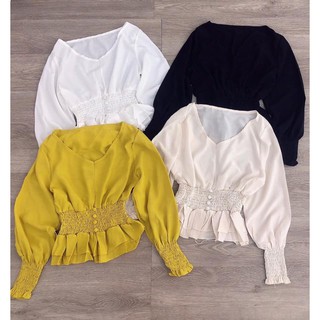 Áo Voan Kiểu Cổ V Kết Hợp Bo Eo Và Cổ Tay Tiểu Thư TTS0883