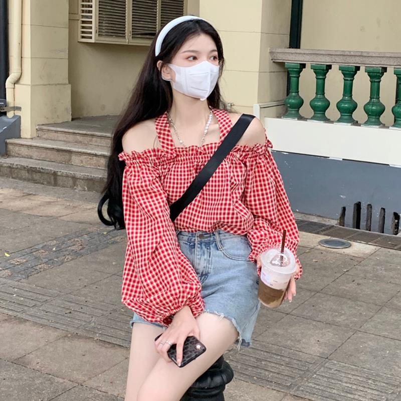 Áo Sơ Mi Tay Dài Trễ Vai Dáng Rộng Họa Tiết Sọc Caro Thời Trang Cho Nữ
