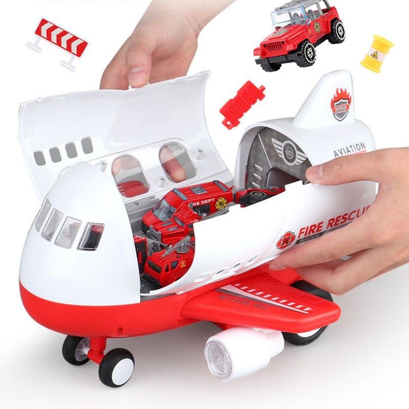 Máy bay chở xe ô tô đồ chơi, máng trượt, có đèn, 6 xe mini bằng thép, phụ tùng các loại