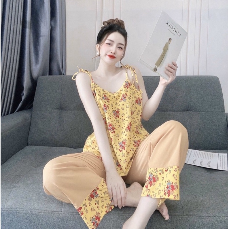 Đồ bộ hoa dài mặc nhà mặc ngủ, Đồ bộ hai dây mặc nhà dài, áo dây quần dài có túi nhiều màu