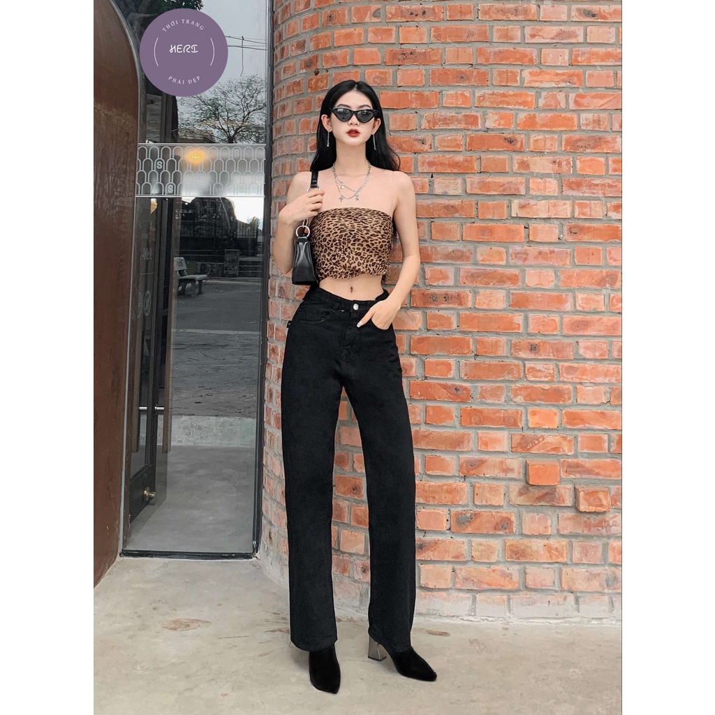 Quần jean nữ Herishop ống suông rộng, quần jean ống rộng màu đen trơn cơ bản cạp lưng cao | BigBuy360 - bigbuy360.vn