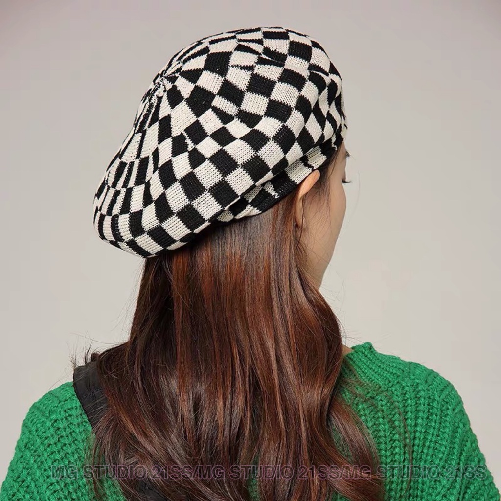 Mũ beret MG STUDIO cotton họa tiết sọc ca rô thời trang