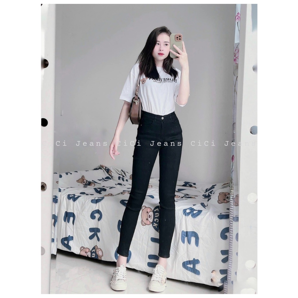 Quần Jean Nữ Skinny Đen Trơn Lưng Cao Cici, Quần Bò Nữ Dáng Ôm  Bigsize Cao Cấp