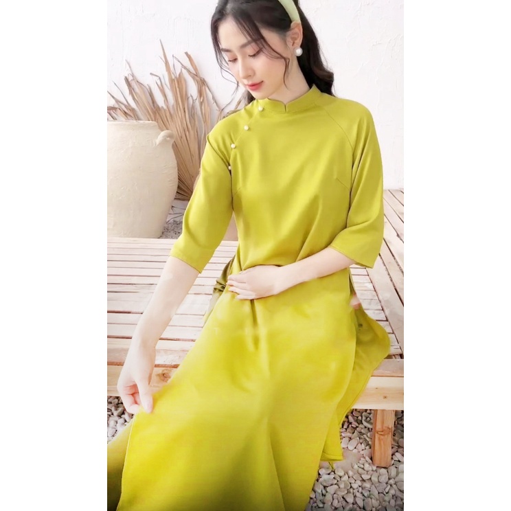 Áo dài cách tân nữ dáng suông xưa 2 tà, áo dài thiết kế, chất lụa tây thi ánh nhẹ, mềm mịn có Bigsize Xanh Cốm và Đỏ Cam