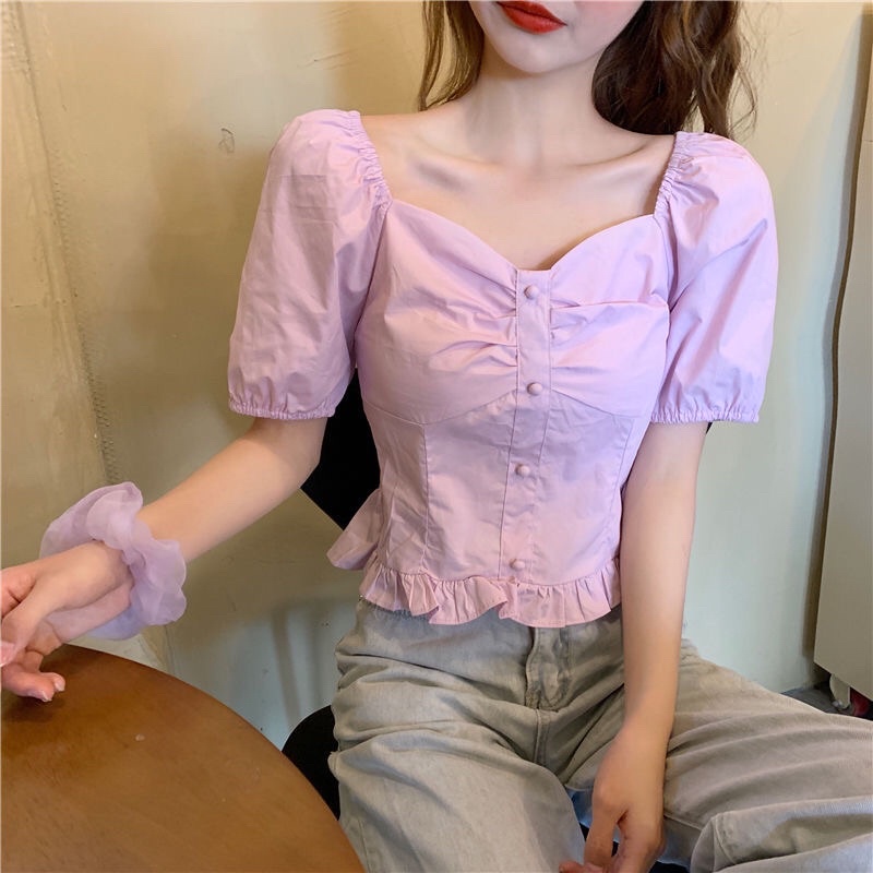 Áo Croptop nữ tay ngắn cổ vuông phong cách hàn quốc mẫu mới mã ZELE48